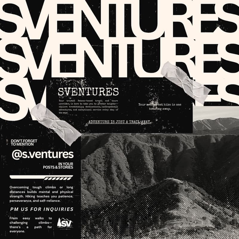 Sventures zine poster with stacked wordmark and Bataan mountains